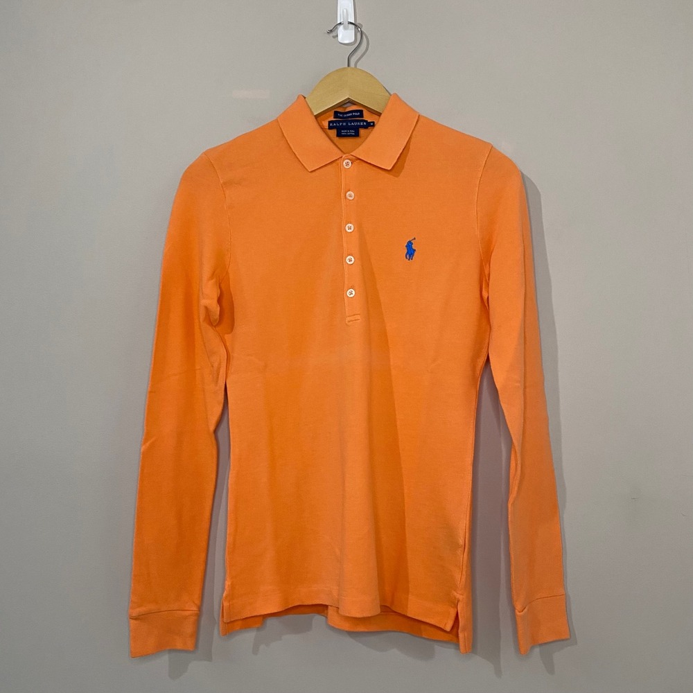 Ralph Lauren The Skinny Polo Shirt Orange Long Sleeve Cotton Pique Womens M